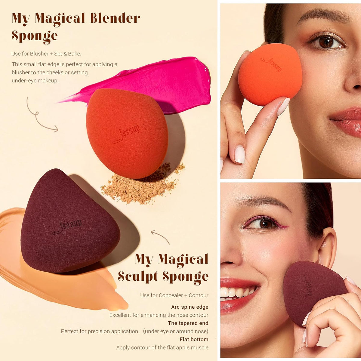 Jessup Face Makeup Brushes with Makeup Sponge, 3pcs Double Ended Makeup Brush for Foundation