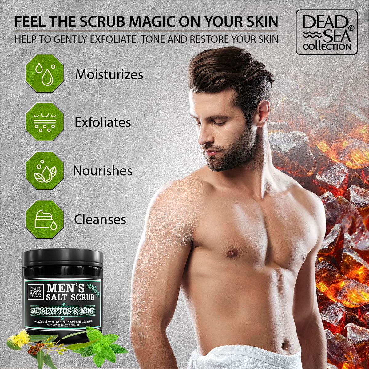 Salt Body Scrub Eucalyptus & Mint For Men– Moisturizes, Exfoliates & Nourishes Skin – Cleanses &