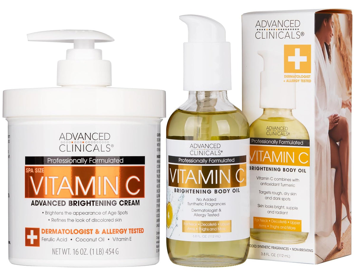 Advanced Clinicals Brightening Vitamin C Cream Moisturizer + Vitamin C Body Oil 2pc Skincare Set |