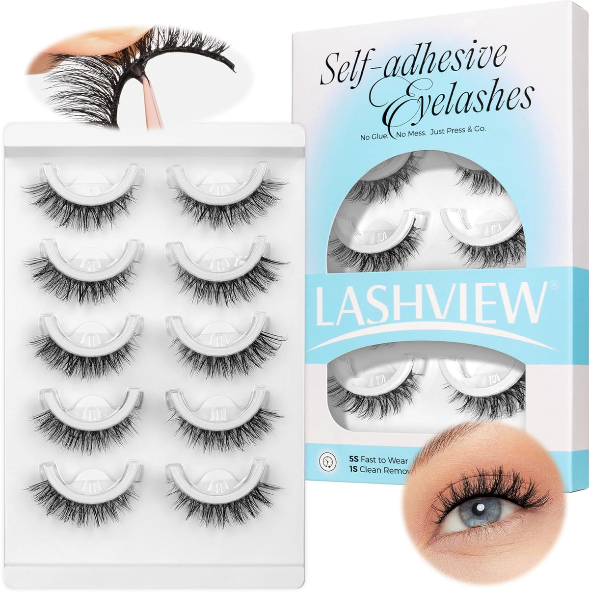 LASHVIEW Self Adhesive Eyelashes 5 Pairs Cat Eye Wispy Self-adhesive False Lashes Reusable Natural
