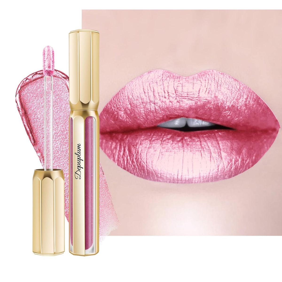 Pink Lipsticks for Women Metallic Lipstick Long Lasting Non Stick Cup Lip Gloss, Shimmer