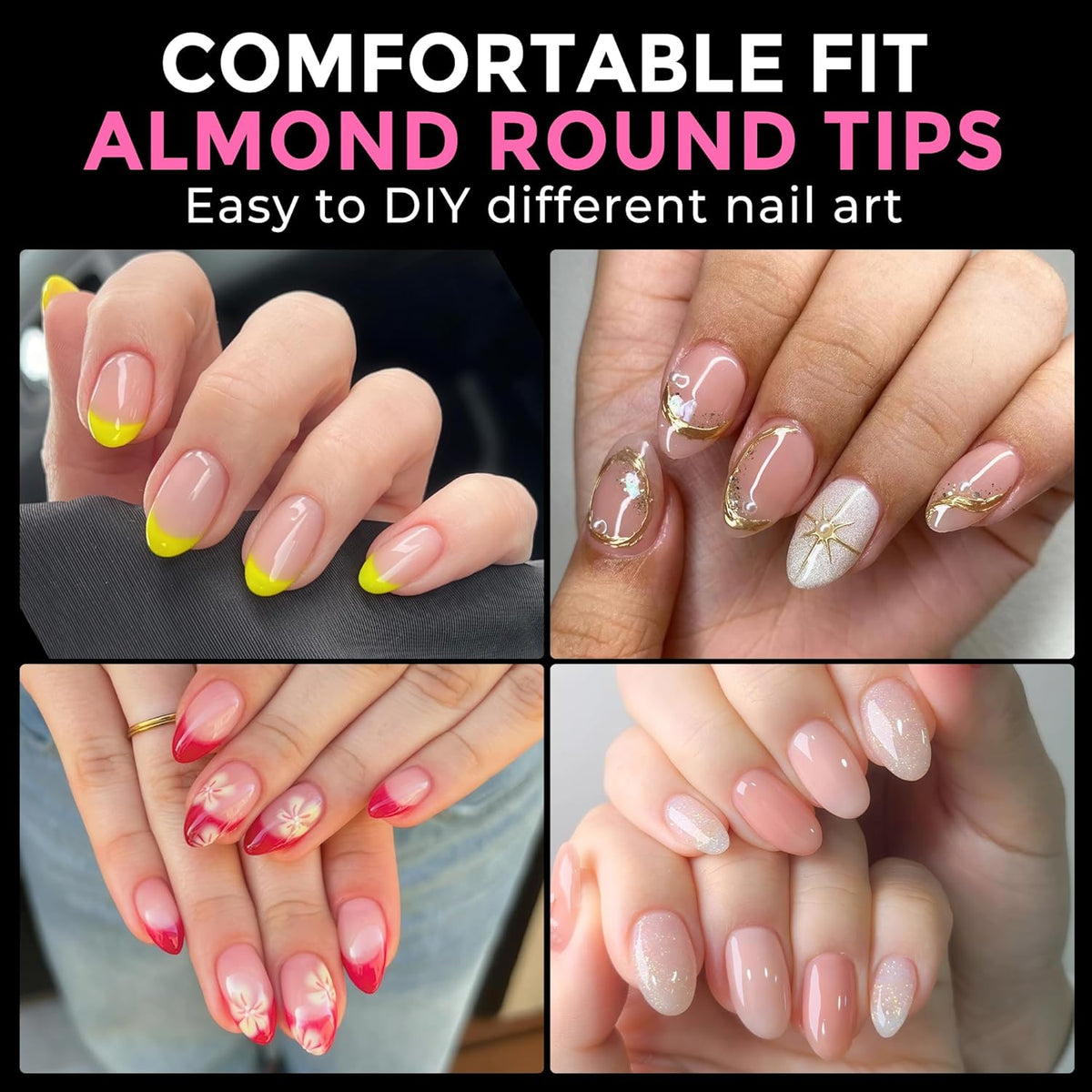 UNA GELLA Short Almond Round Fake Nails 216pcs Almond Press on Nails Pre-Shape Oval Gel Nail Tips