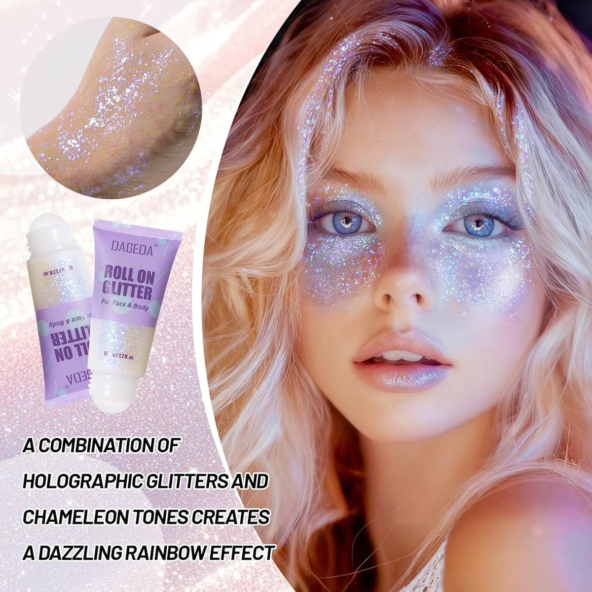 DAGEDA Roll-on Body Glitter,Holographic Eye Face Hair Glitter Gel for Festival Outfit Mermaid