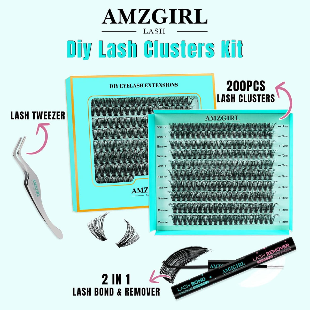 Lash Extension Kit 200PCS Lash Clusters Mix Eyelash Extension Kit with Waterproof Lash Bond and