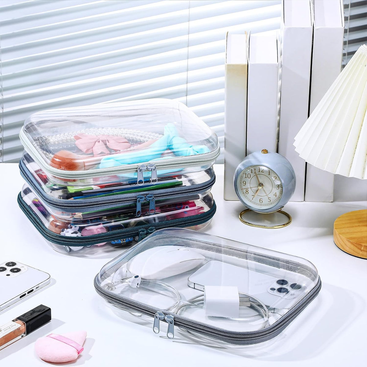 Hoolerry 4 Pcs Hard Clear Zipper Case Makeup Bags Plastic Pencil Pouch Transparent Storage Box