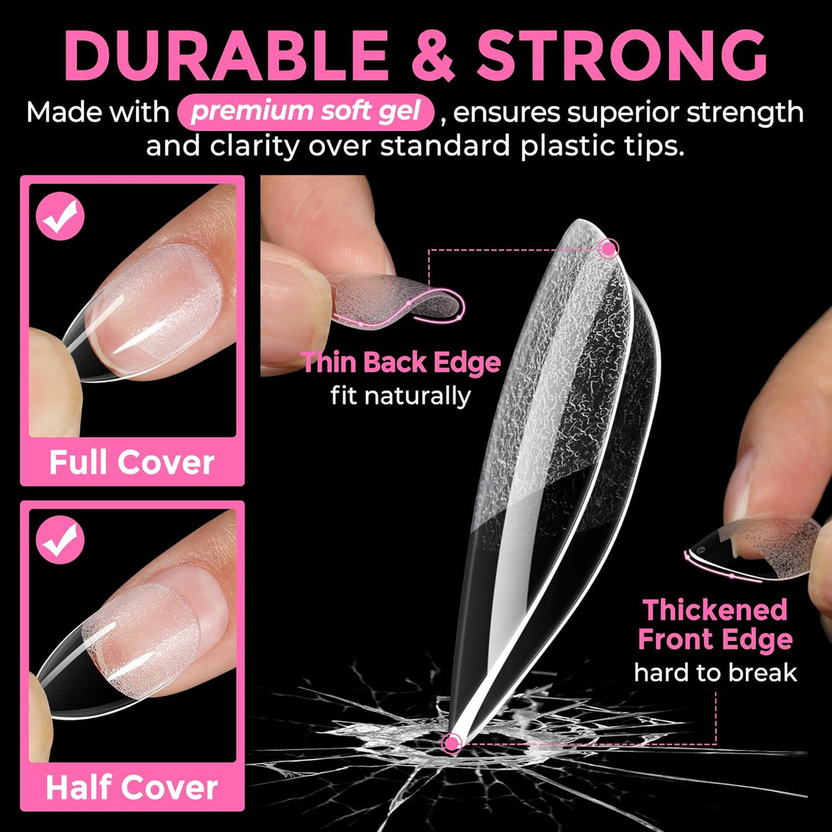 UNA GELLA Short Almond Fake Nails 216pcs Pre-shape Gel Acrylic Nail Tips for Full Cover Nail