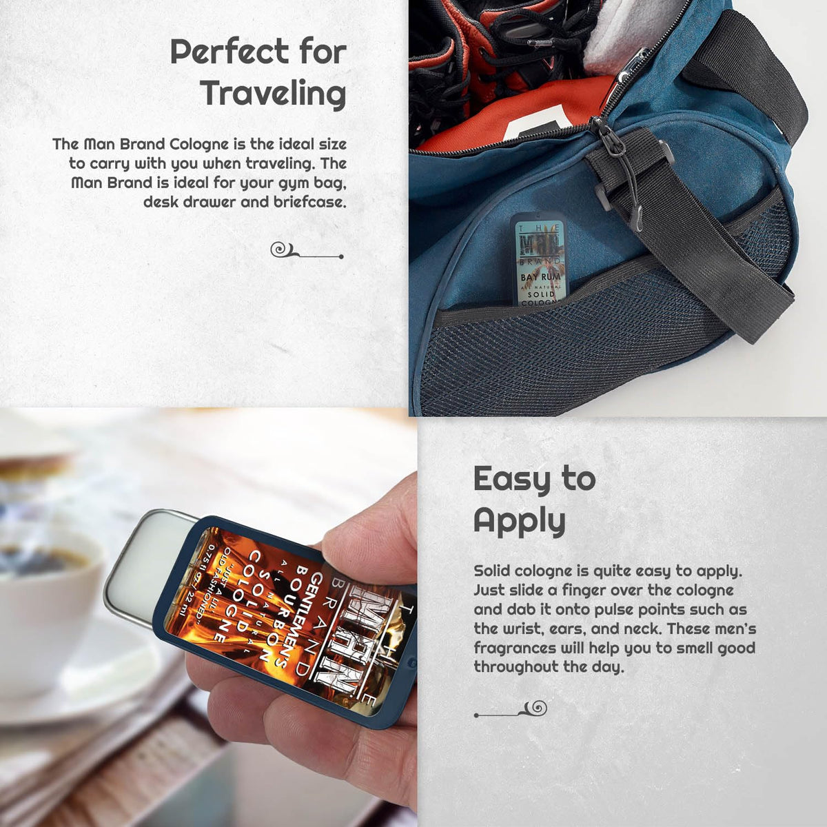 Solid Cologne Set with Bay Rum Solid Cologne, Bourbon Solid Cologne, Woodsman, and Life of the