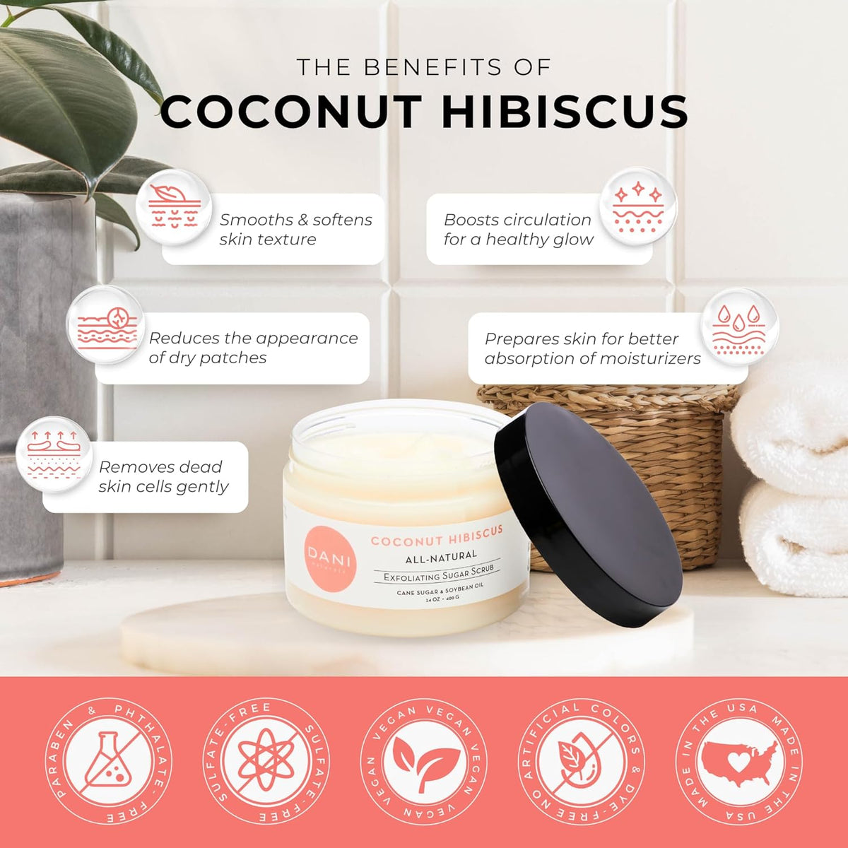 Naturals Exfoliating Sugar Scrub - Coconut Hibiscus, made with organic cane sugar and shea butter