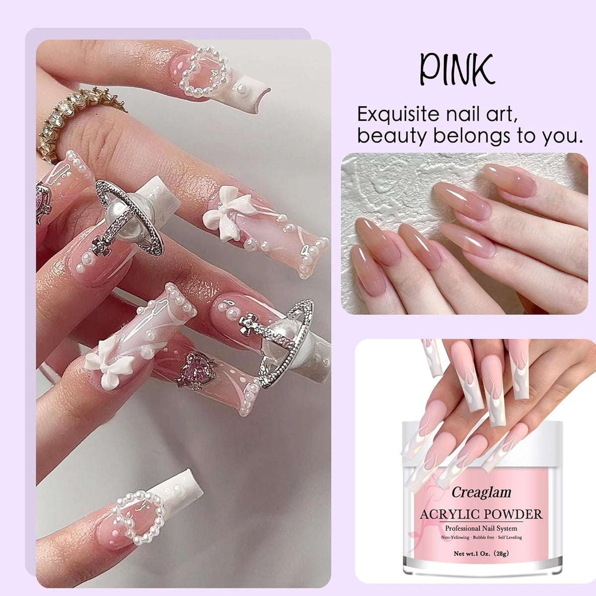 Super Nail Acrylic Powder: 3 Pcs 28g Cover Pink Polymer for 3D Art Carving French Extension - Clear