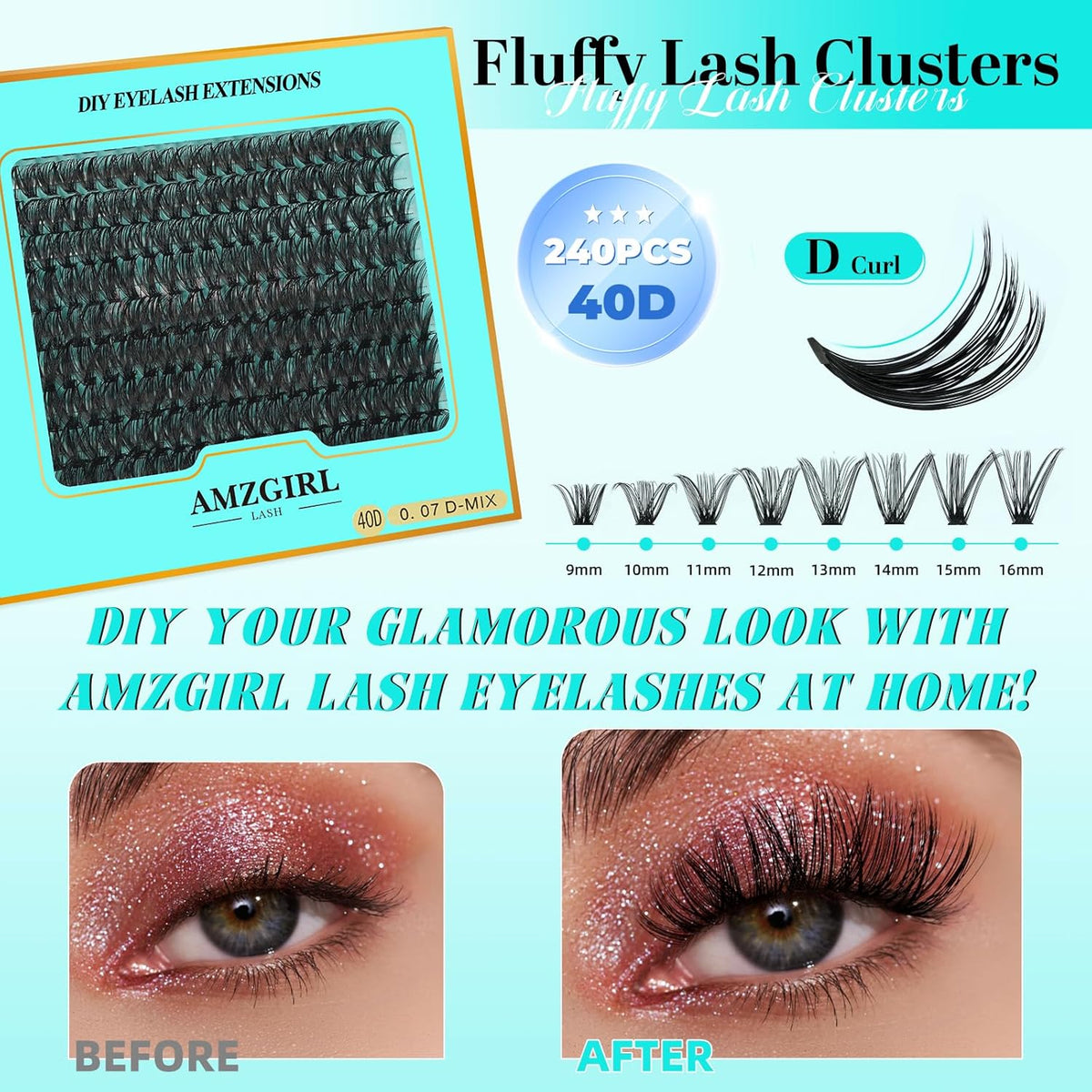 Lash Clusters 240pcs Eyelashes Cluster Individual Wispy Lashes Thin Band for D Curl Lash Extension