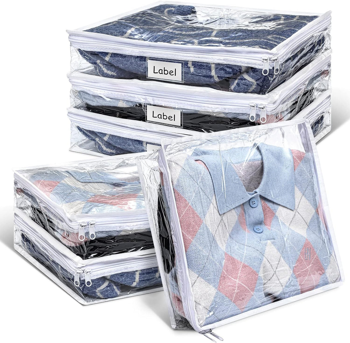 Hoolerry 6 Pieces Sweater Storage Bags Plastic Clear PVC Clothes Storage Bags with Zipper and Label