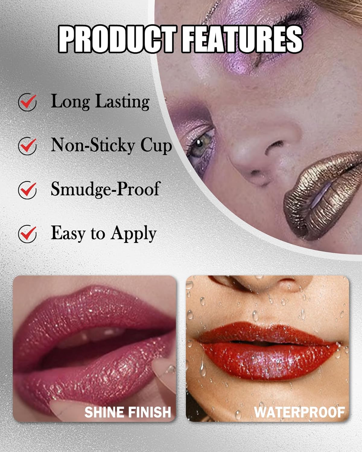 Diamond Glitter Matte Lipstick, Long Lasting Waterproof Ruby Red Metallic Sparkling High Pigment