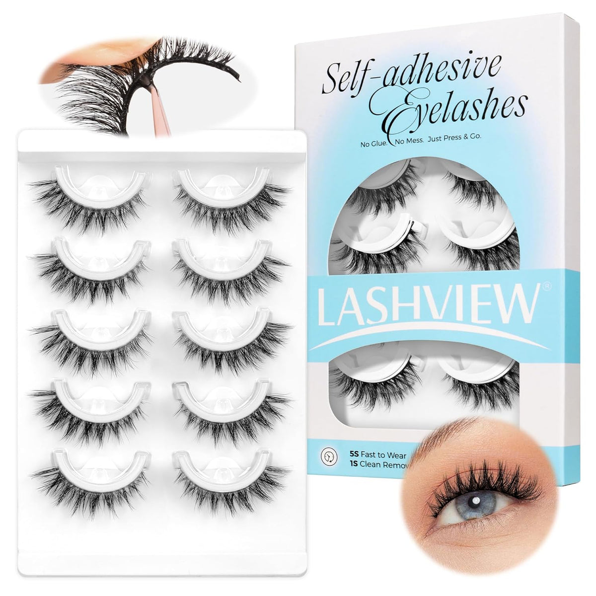 LASHVIEW Self Adhesive Eyelashes 5 Pairs Cat Eye Wispy Self-adhesive False Lashes Reusable Natural