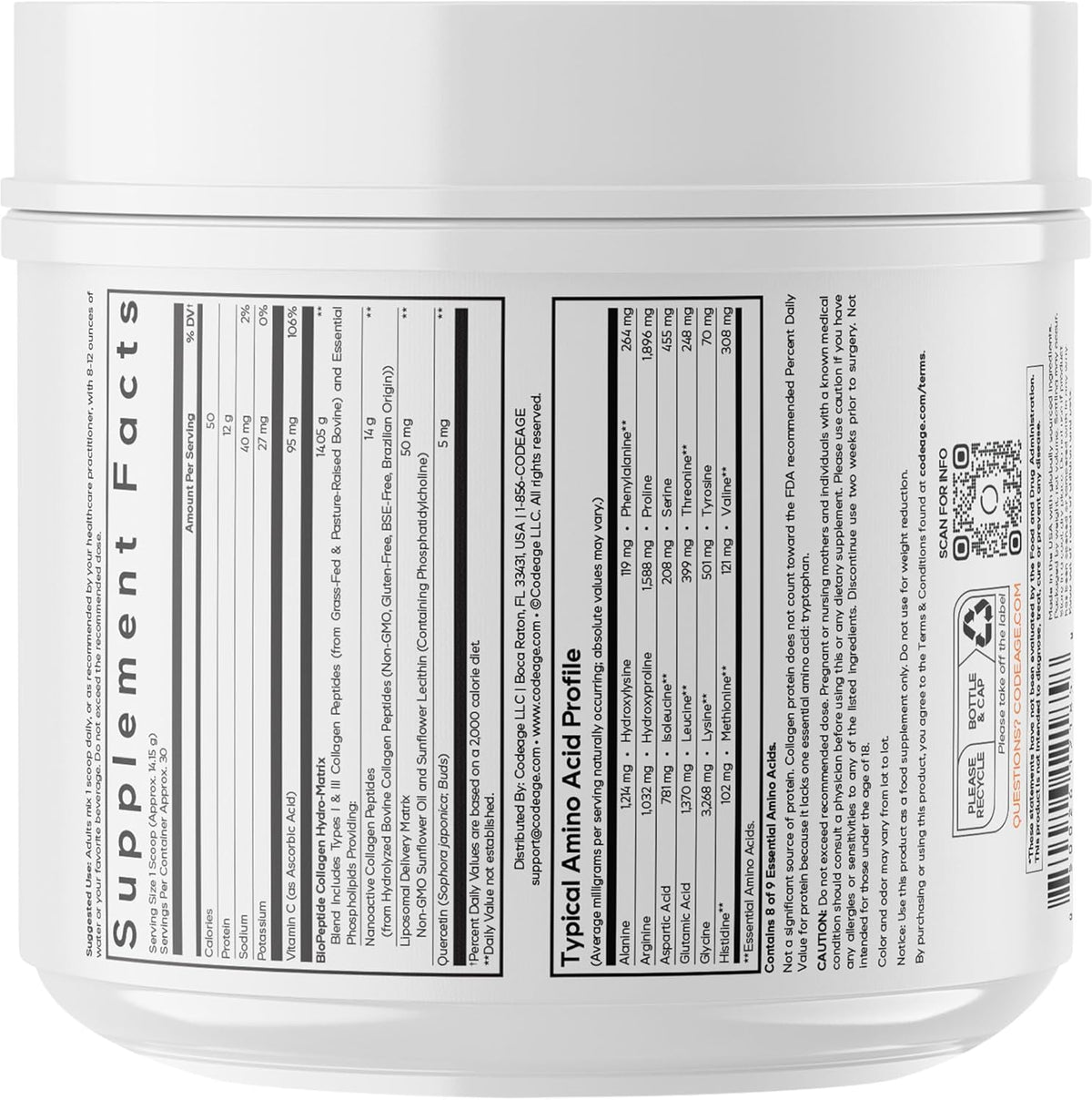 Codeage Liposomal Collagen Peptides Powder + Vitamin C & Quercetin, Phospholipid Complex, Grass-Fed