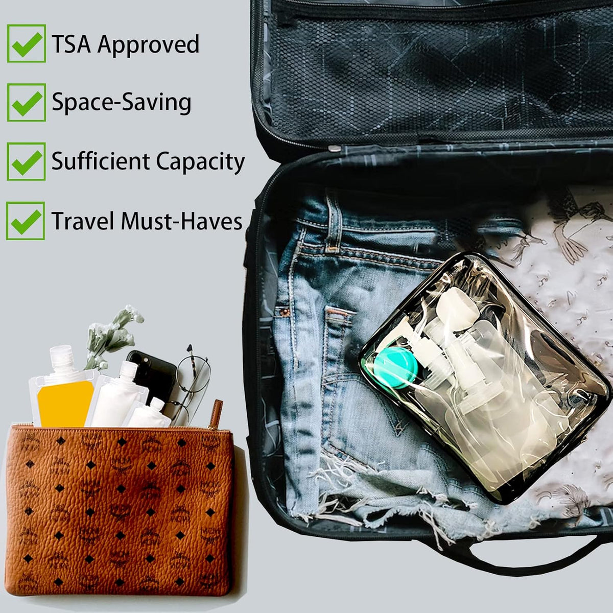 29 PCS Travel Size Refillable Empty Squeeze Pouch TSA Approved Travel Pouches for Toiletries Liquid