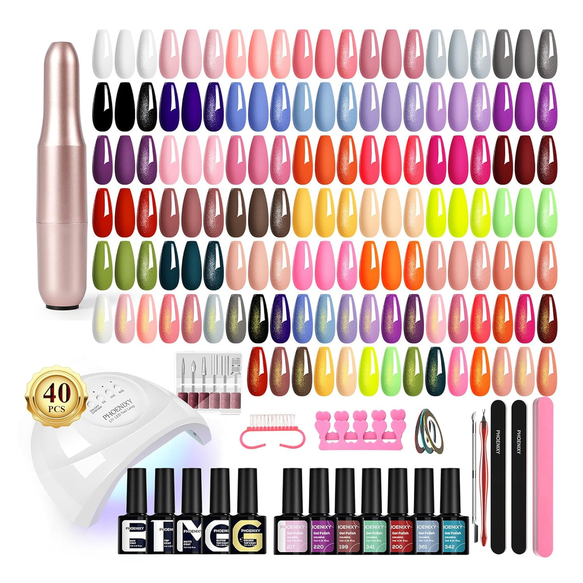 PHOENIXY 53 Pcs Gel Nail Polish Kit with U V light and Drill, 35 Colours Gel Polish with 5 Pcs Base