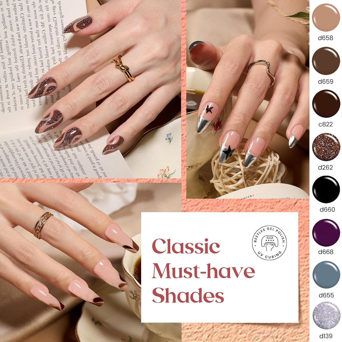 Beetles Gel Polish Liner Nail Art Set, 50 Colors Spring Summer Reflective Glitter Pink Red Blue