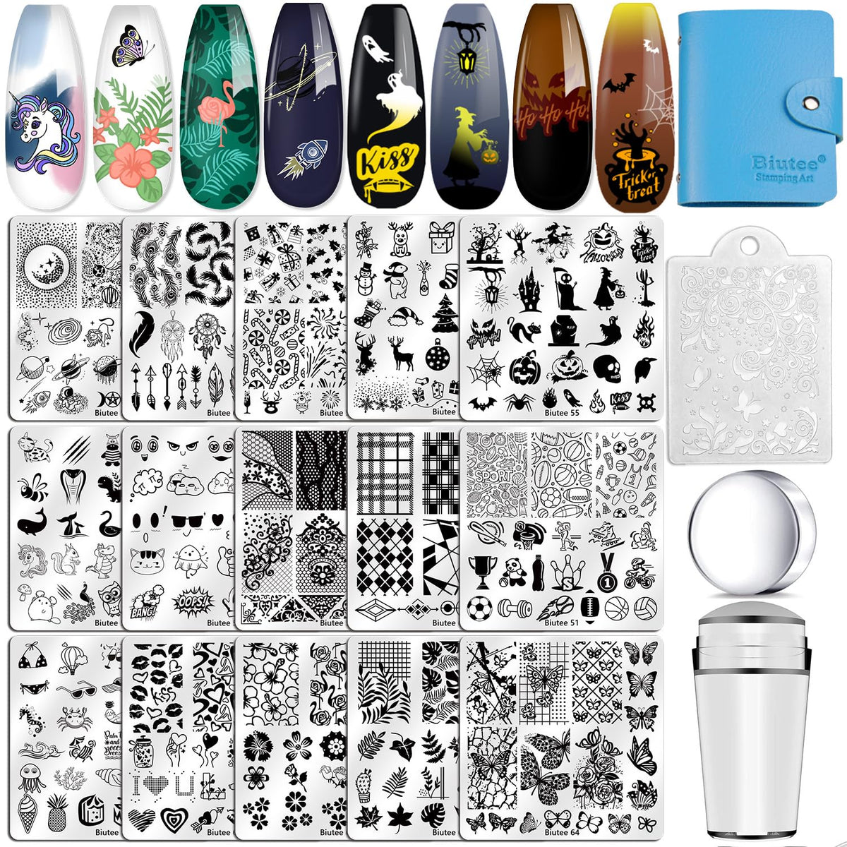Biutee Nail Stamping Plates Set 15PCS Nail Art Stamper Scraper Nail Art Stamping Kit with Storage