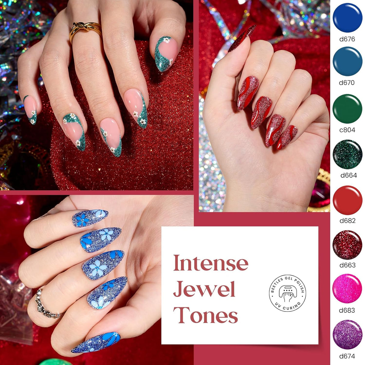 Beetles Gel Polish Liner Nail Art Set, 50 Colors Spring Summer Reflective Glitter Pink Red Blue