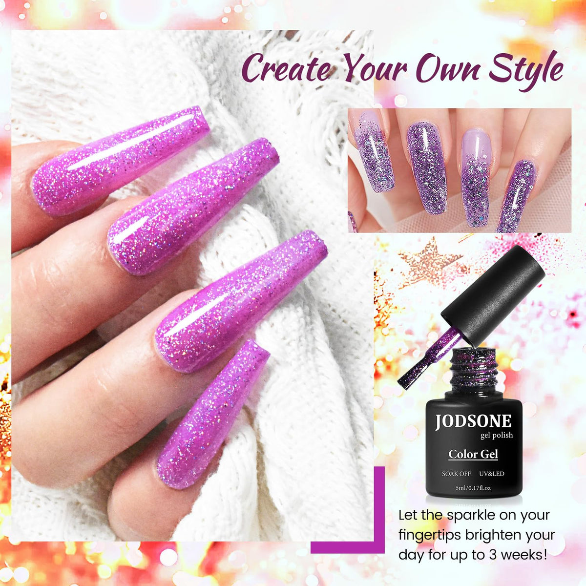 JODSONE 23 Bottles of Glitter Colorful and Elegant Gel Polish kit with 3 Bottles of Matte and