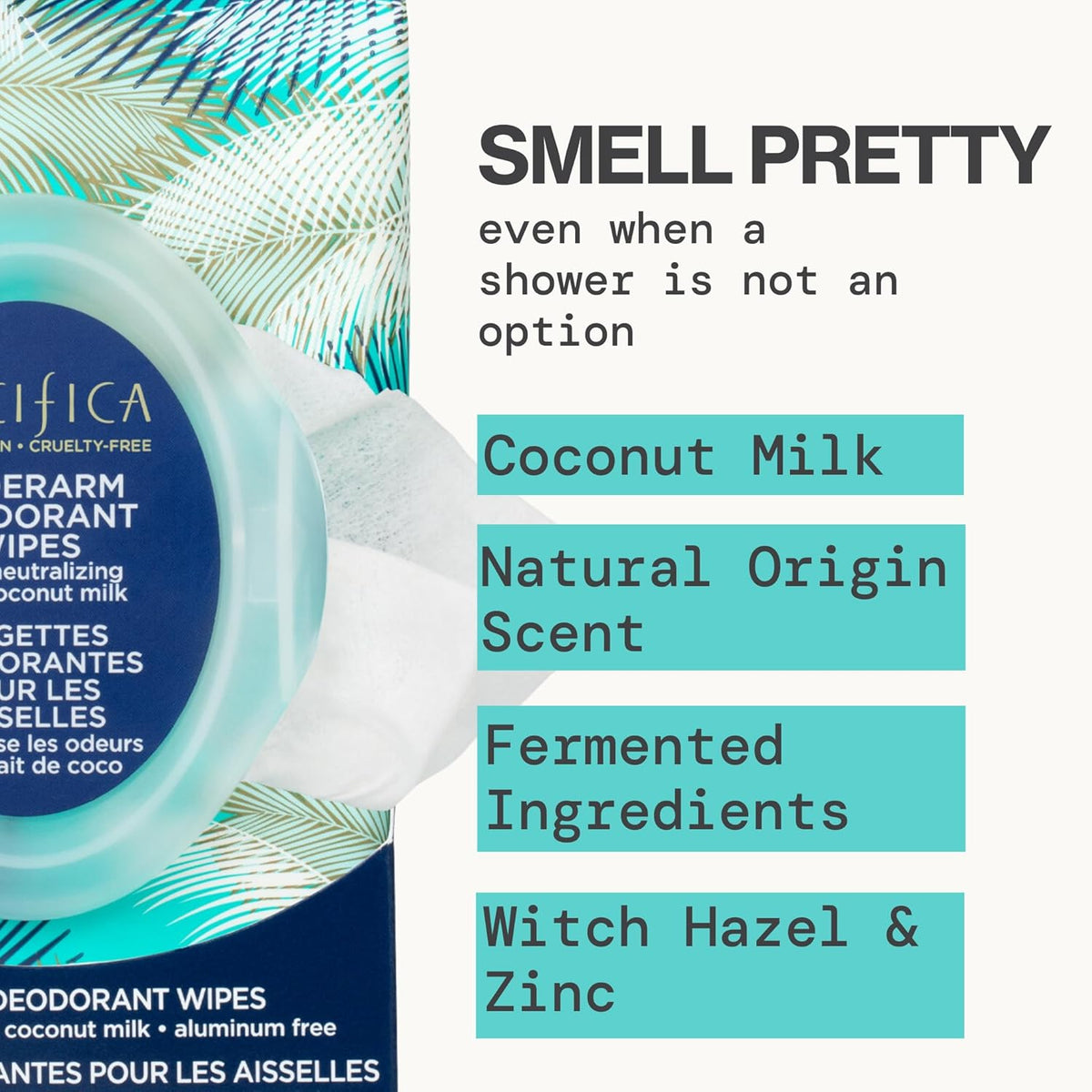 Pacifica Beauty Coconut Milk & Essential Oils Underarm Deodorant Wipes, Helps Remove Odor
