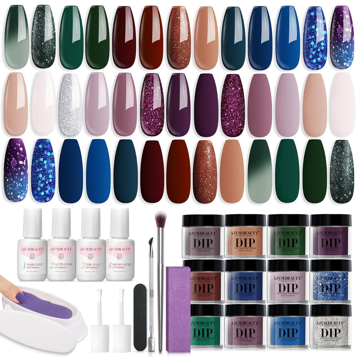 31Pcs Dip Nails Powder Starter Kit, AZUREBEAUTY 20 Colors Purple Blue Glitter Dipping Powder