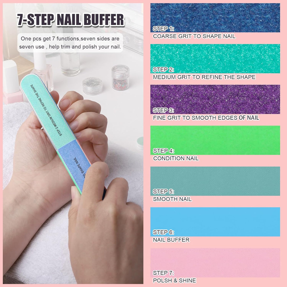FANDAMEI Nail Buffers and Files, 8PCS Colorful Nail Buffer Block, 8PCS Blue Nail File, 2PCS 7 Way