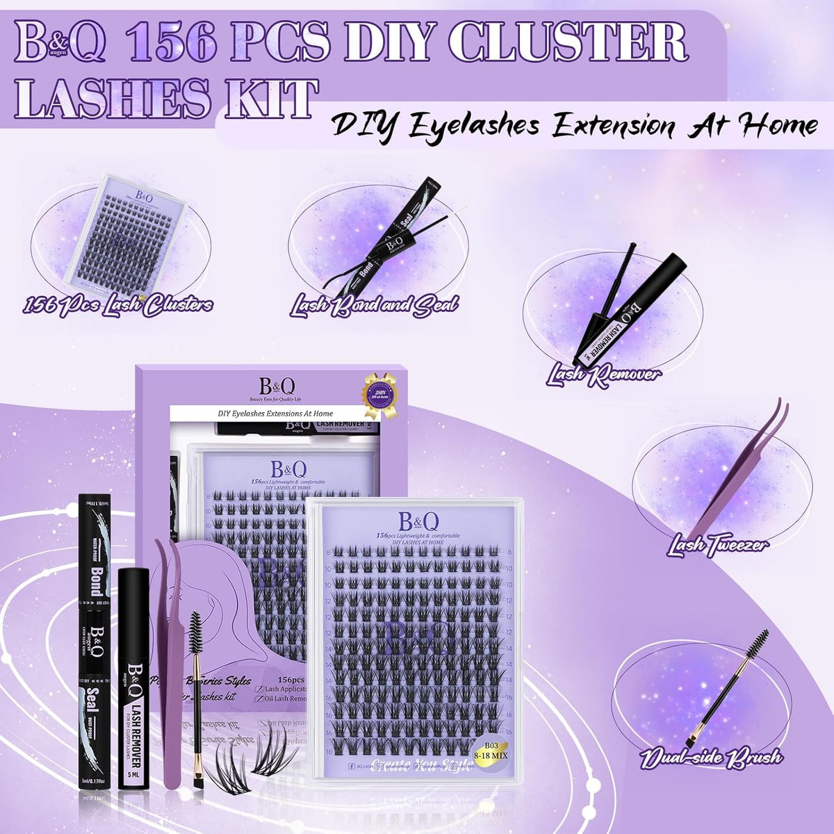 Lash Extension Kit B03 Eyelash Extension Kit B&Qaugen DIY Lash Extension Kit 156 PCS Lash Clusters