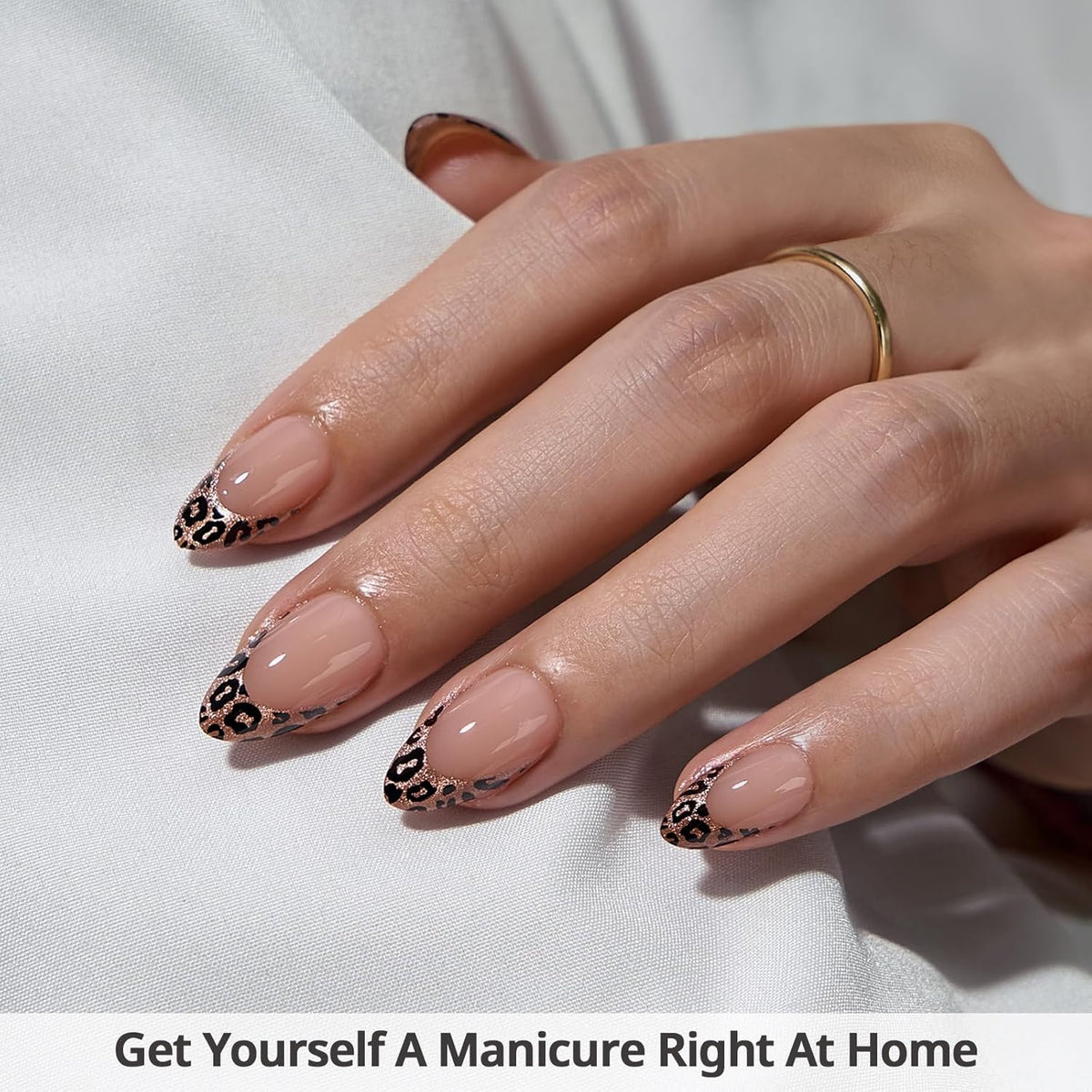 BTArtbox Press On Nails Short - Lamp-Curable Leopard French Tip Almond Press On Nails with Glue for