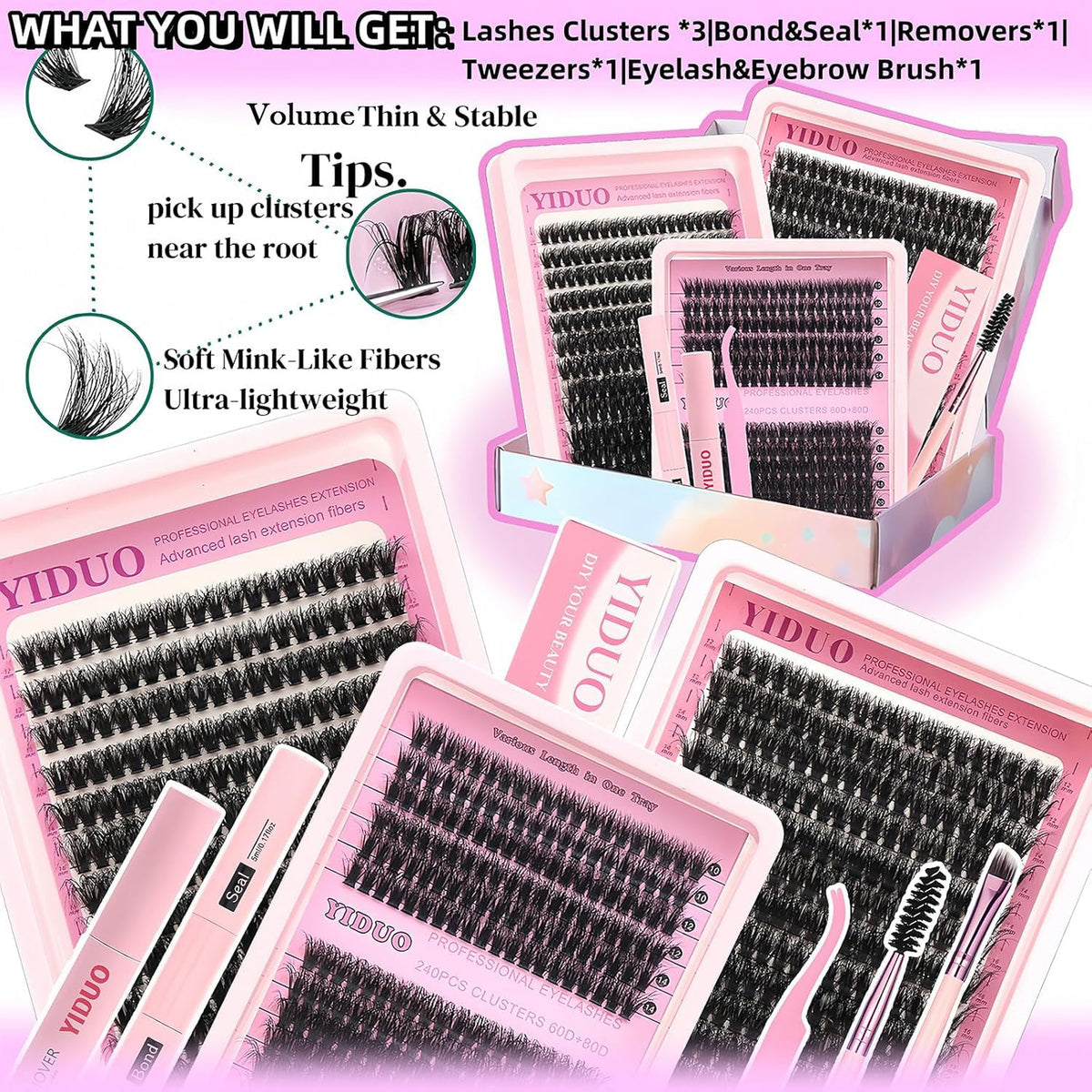 Lashes Clusters Kit Gift Packs 3 Styles 760Pcs with 2X Bond&Seal Volume Soft False Eyelash