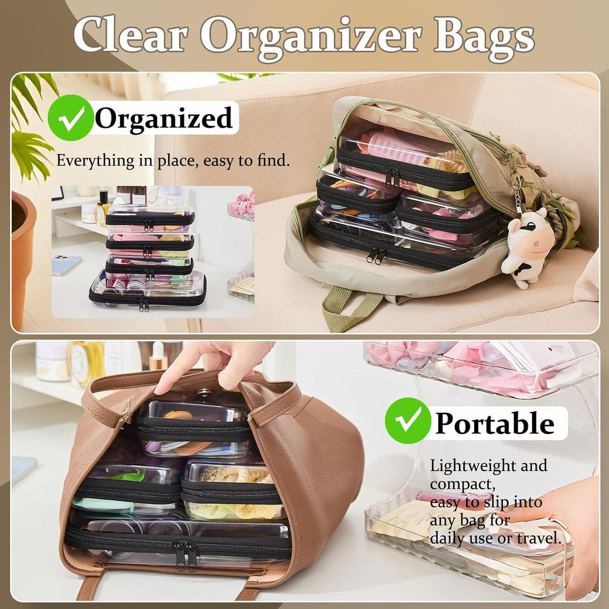 4 pcs Clear Zipper Pouches,Hard Shell Zipper Case, Toiletry Bag for Travel, CLear Diaper Bag