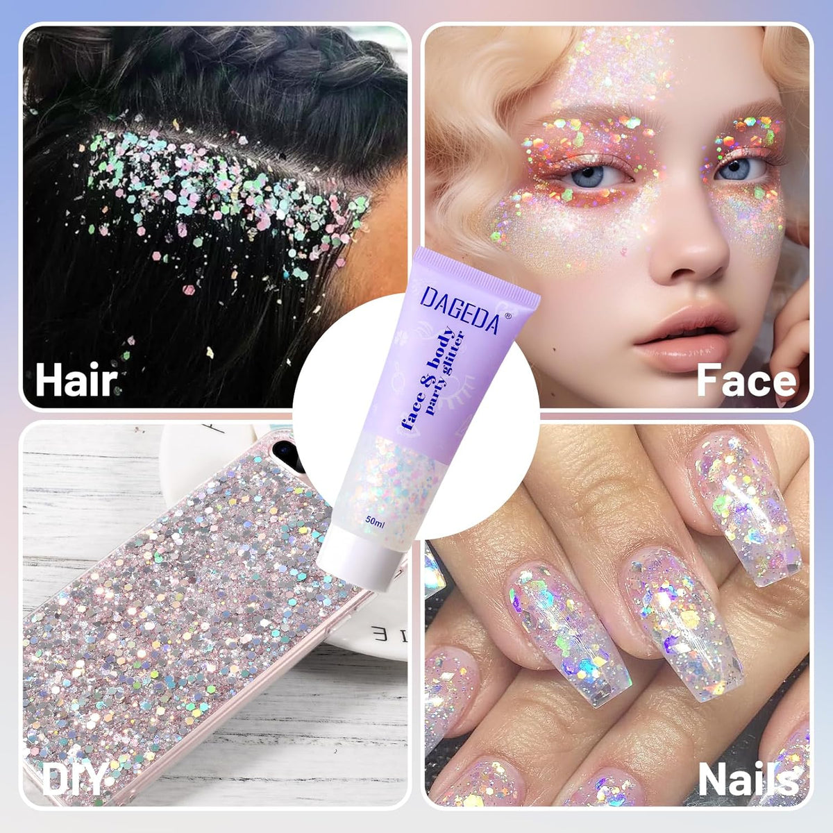 DAGEDA Rainbow Color Body Glitter Gel, Holographic Face Glitter Body Gel Rave Party Accessories