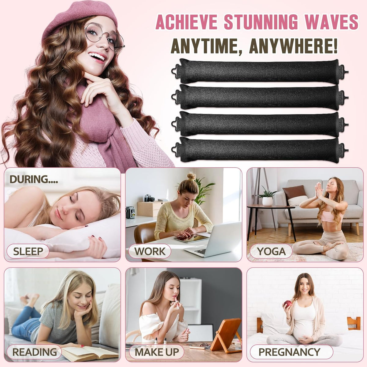 Heatless Curls Overnight, 4 Pcs No Heat Curling Blowout Rod, Satin Blowout Look Heatless Hair