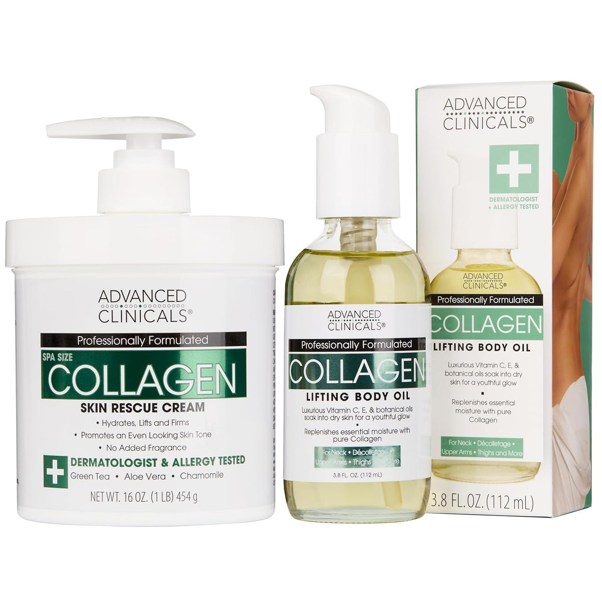 Advanced Clinicals Collagen Body Oil + Unscented Collagen Cream Body Lotion & Face Cream 2PC Beauty