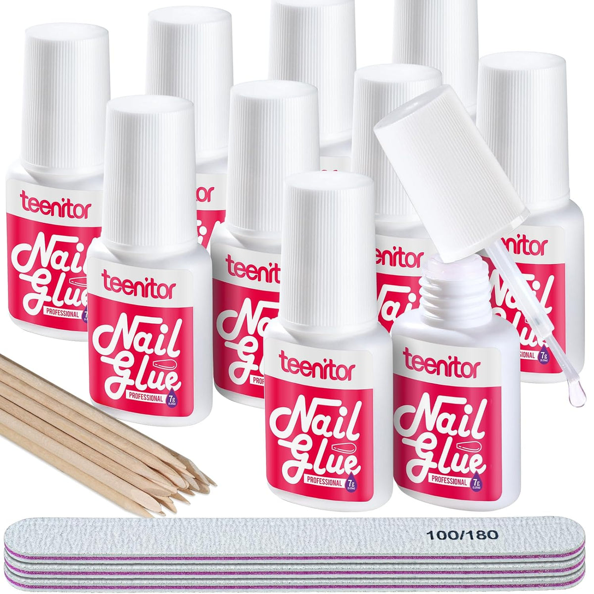 Teenitor Pink Nail Glue, 10 Pack Brush On, Strong for Press Ons & Acrylic Nails, Water Resistant