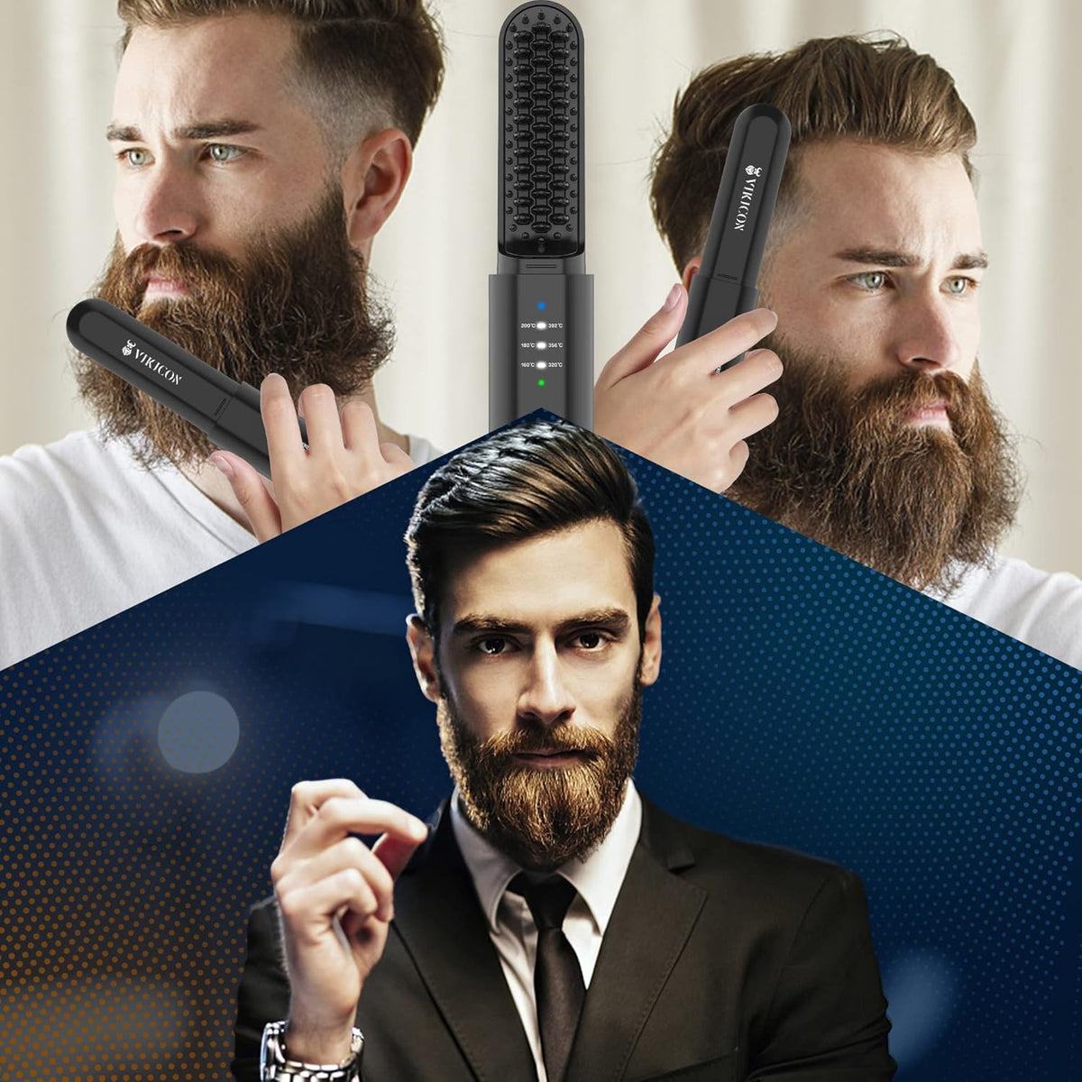 VIKICON Beard Straightener for Men: Cordless Heated Beard Brush for Men, Electric Hot Comb