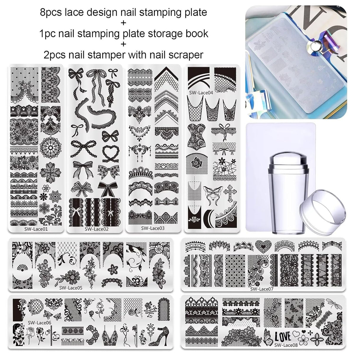 Lace Nail Stamping Plate Set - French Tip Stamp Silicone Nail Stamper Kit Bow Lace Design with Nail