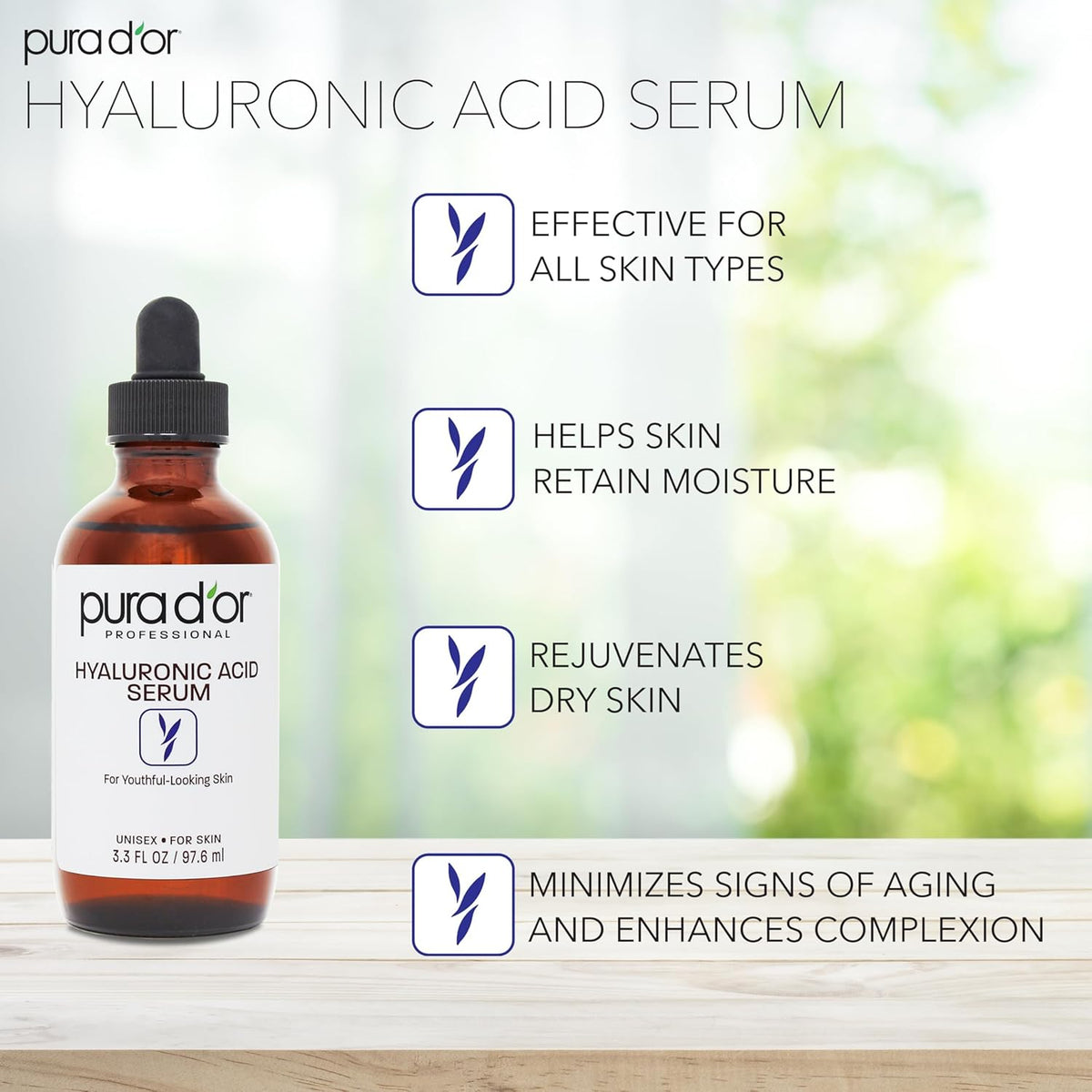 PURA D'OR 3.3 Oz Hyaluronic Acid Serum For Deep Hydration - Anti-Aging, Plumping & Moisturizing