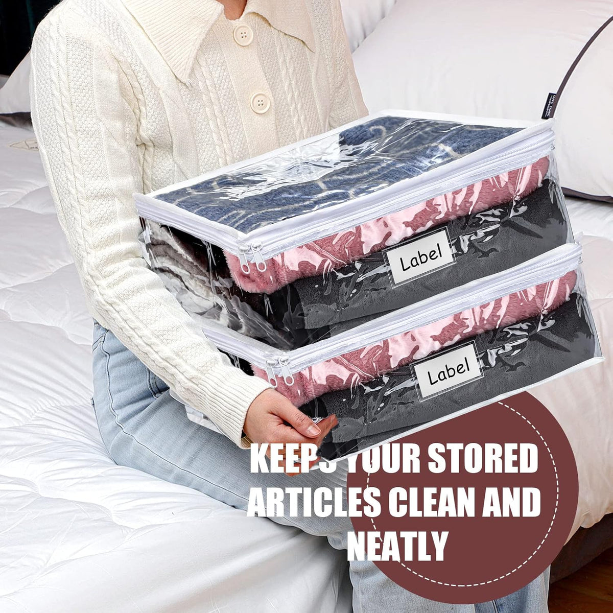 Hoolerry 6 Pieces Sweater Storage Bags Plastic Clear PVC Clothes Storage Bags with Zipper and Label