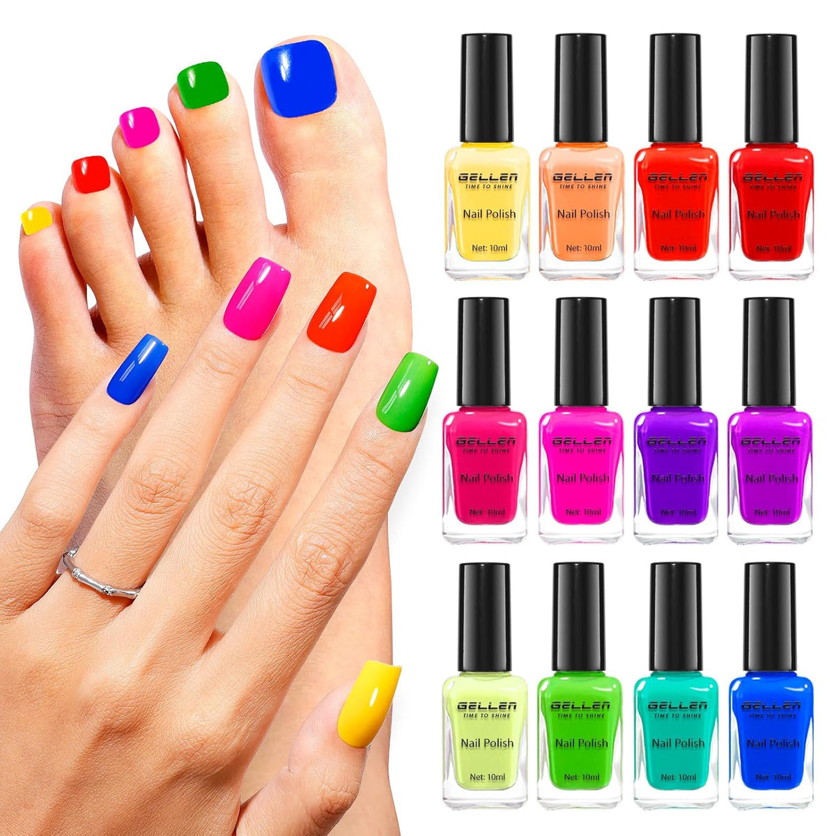 GELLEN Bright Neon Nail Polish Set, Quick Air Dry Regular Nail Polish Vibrant Rainbow 12 Colors Set