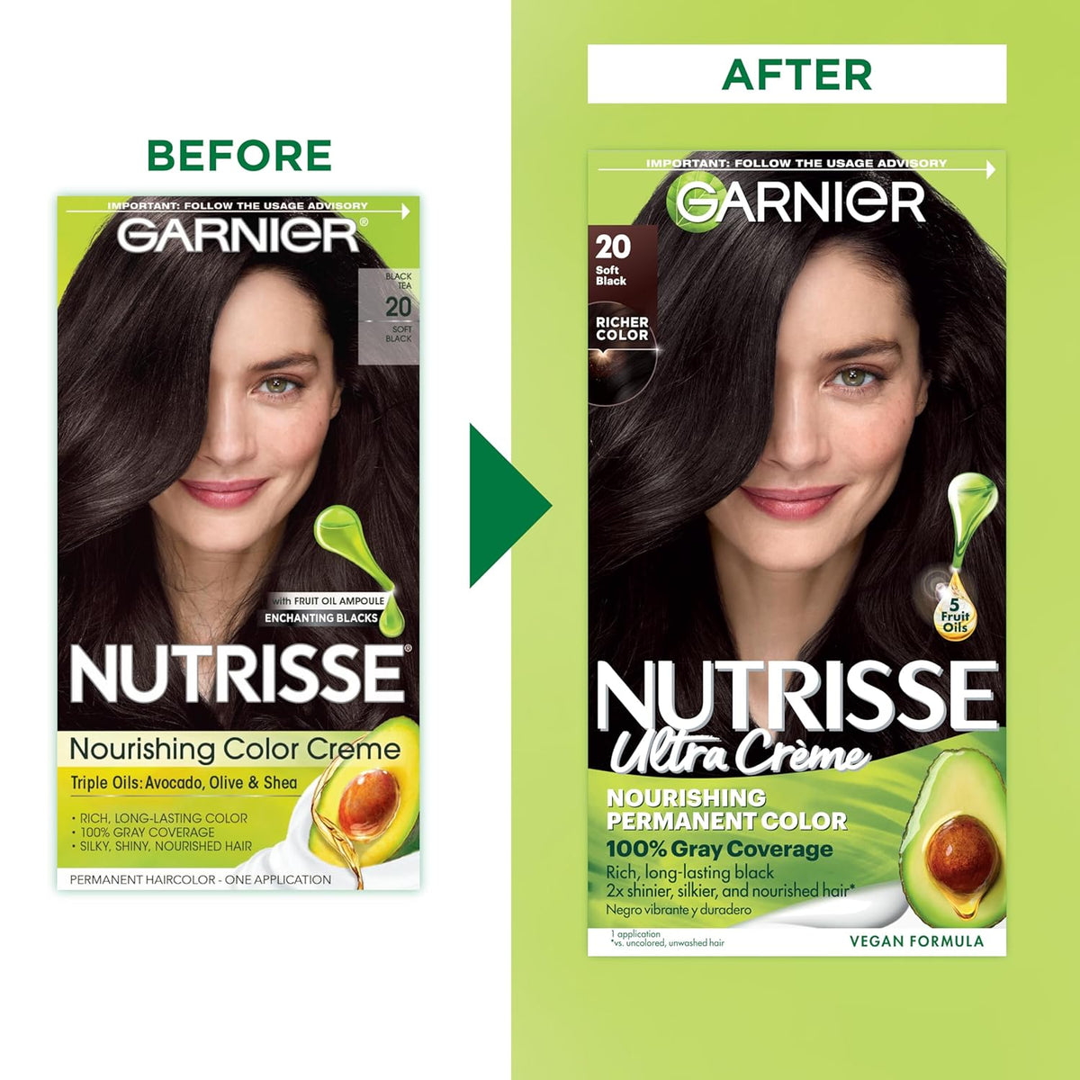 Garnier Hair Color Nutrisse Nourishing Creme, 20 Soft Black (Black Tea) Permanent Hair Dye, 2 Count