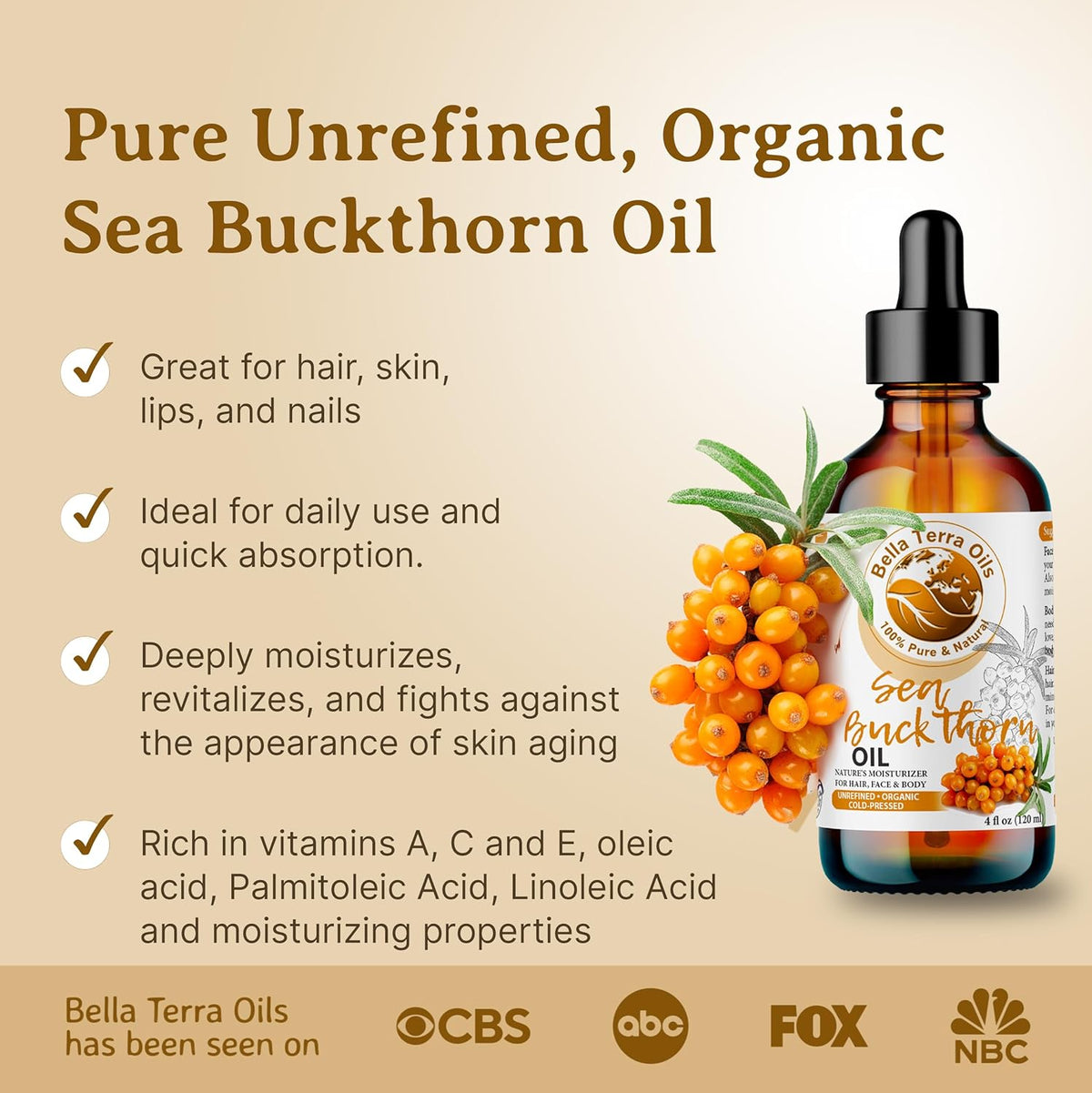 Bella Terra Oils - Organic Sea Buckthorn Oil 8oz - Cold-Pressed Treasure, Bursting with Omega-3 &