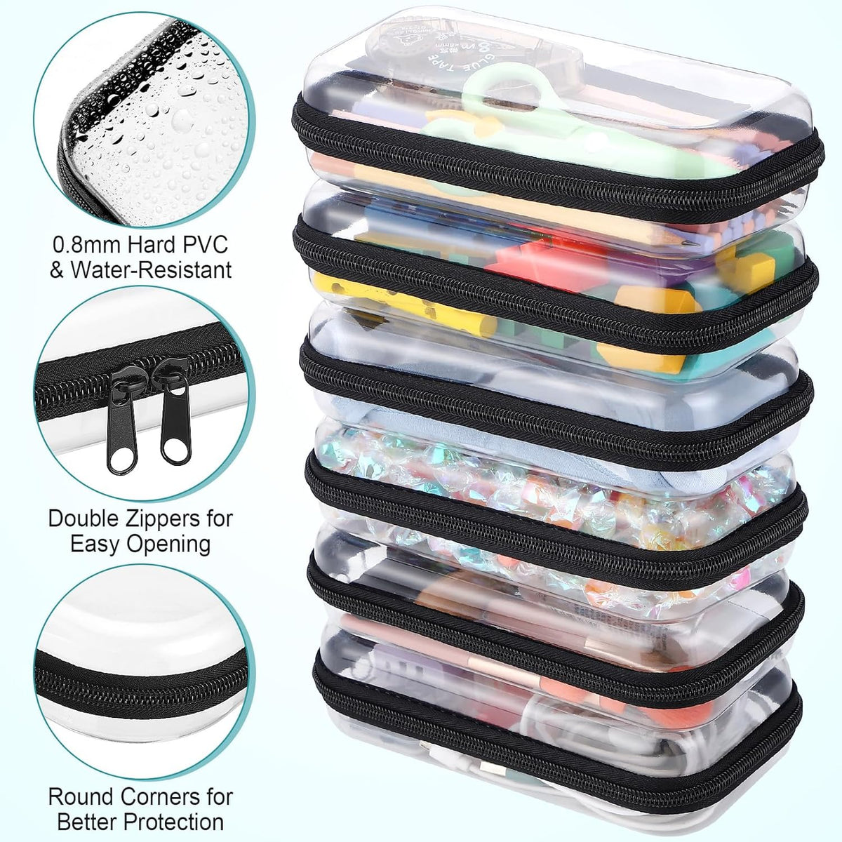Sanwuta 6 Pcs Clear Hard Zipper Case Pencil Pouches Hard Plastic Zipper Pouches Makeup Bag
