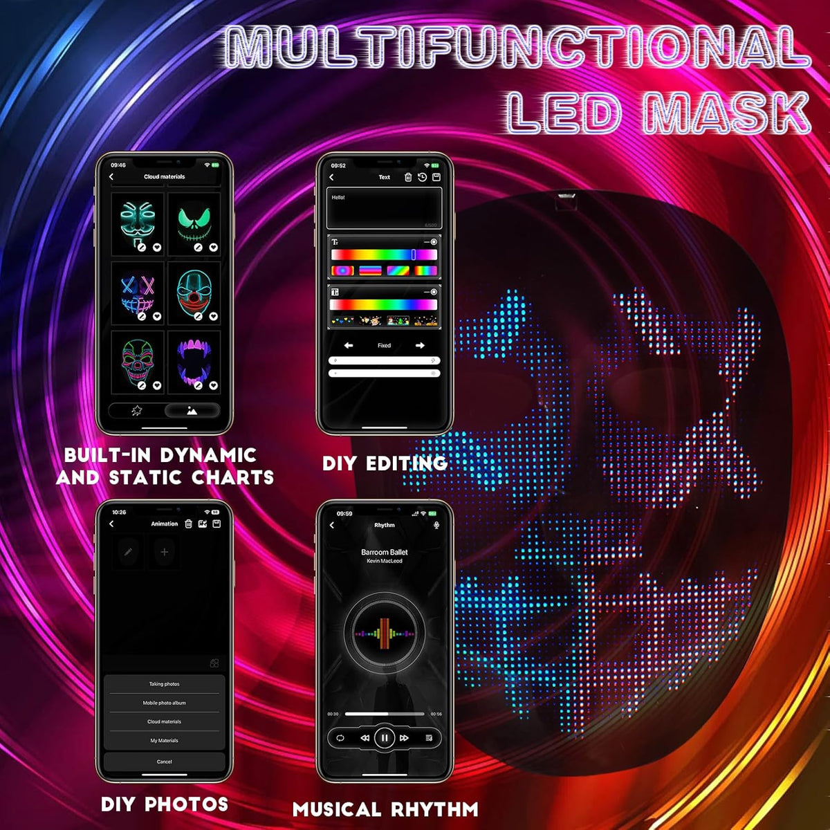 Led Mask with Gesture Sensing,Light up mask for Kids/Men/Women LED Halloween Mask for Costume
