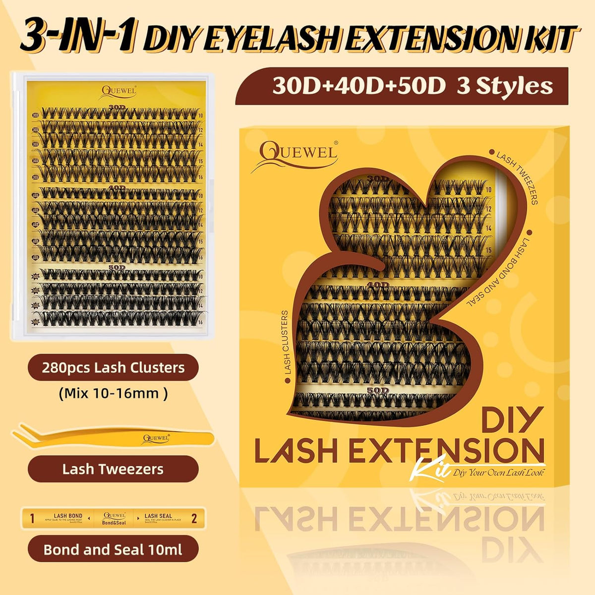 QUEWEL Lash-Clusters-Kit, 30+40+50D-Lash-Clusters Mixed 10-16mm Soft DIY-Lash-Extension-Kit with