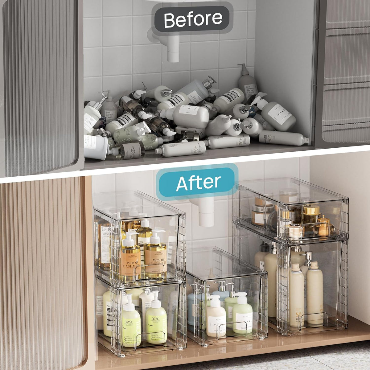 Vtopmart 3 Pack Clear Stackable Storage Drawers,Easy to Assemble Bathroom Organizers and Storage