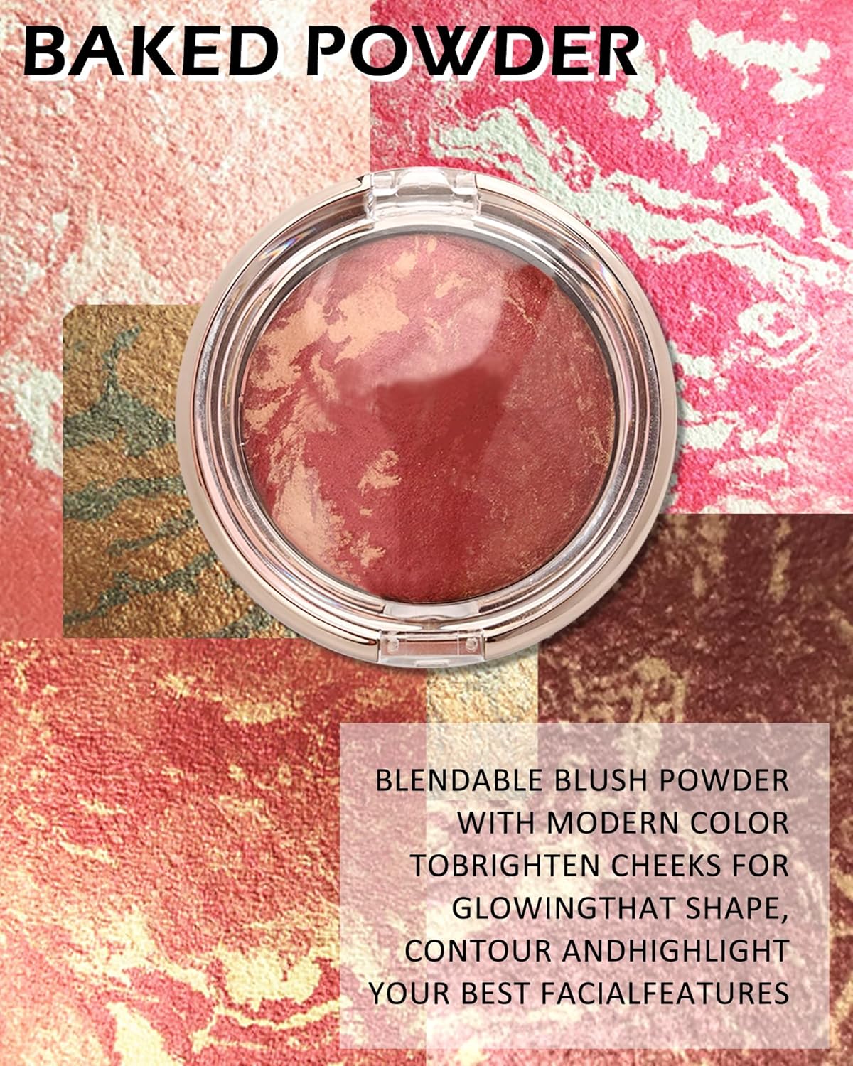 Baked Blush,Glow Marbleized Blush Powder Palette,Lightweight Shimmery Cruelty-Free Blusher for