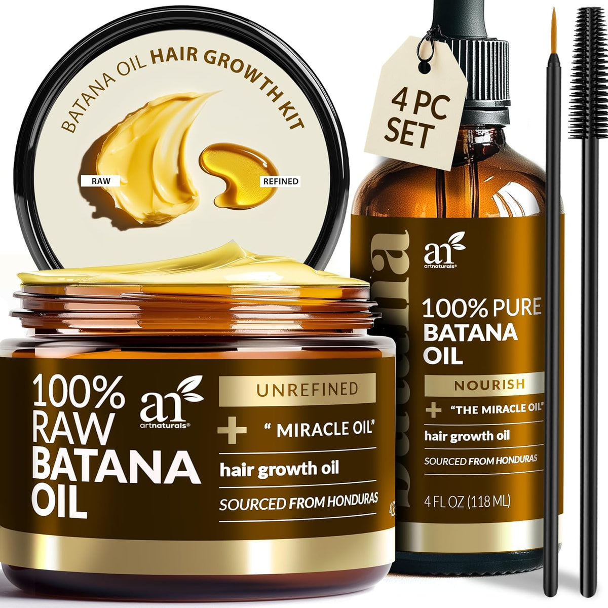 Batana Oil for Hair Growth – 4Pc Set: Raw Batana oil 4oz + 4.2oz Paste, Lash Wand & Brow Brush
