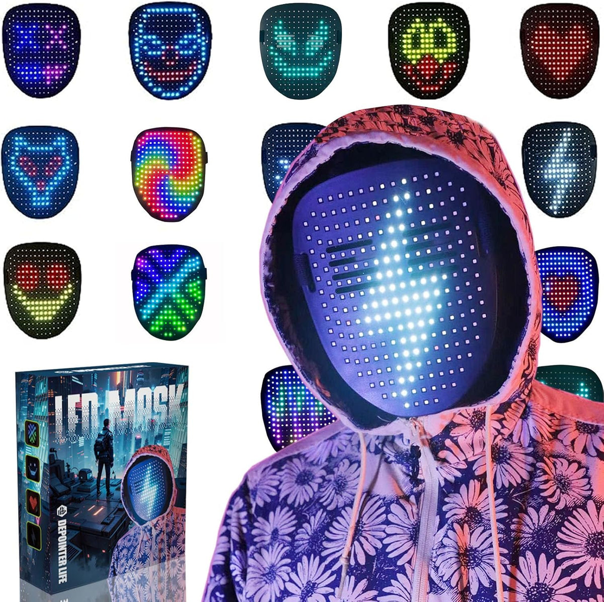 Depointer Life Led Mask with Gesture Sensing,Unisex LED Lighted Face Transforming Mask for Costume