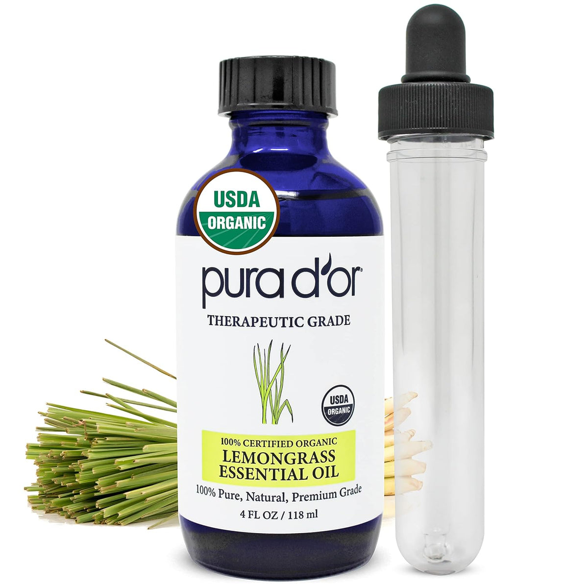 PURA D'OR Organic Lemongrass Essential Oil, 4oz, Therapeutic Grade, for Hair, Body, Skin